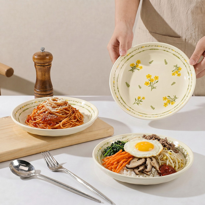 WHH 예쁜 플라워 접시 세트 원형 식기 도자기 그릇 샐러드 접시 플레이팅 접시, 4개, 카멜