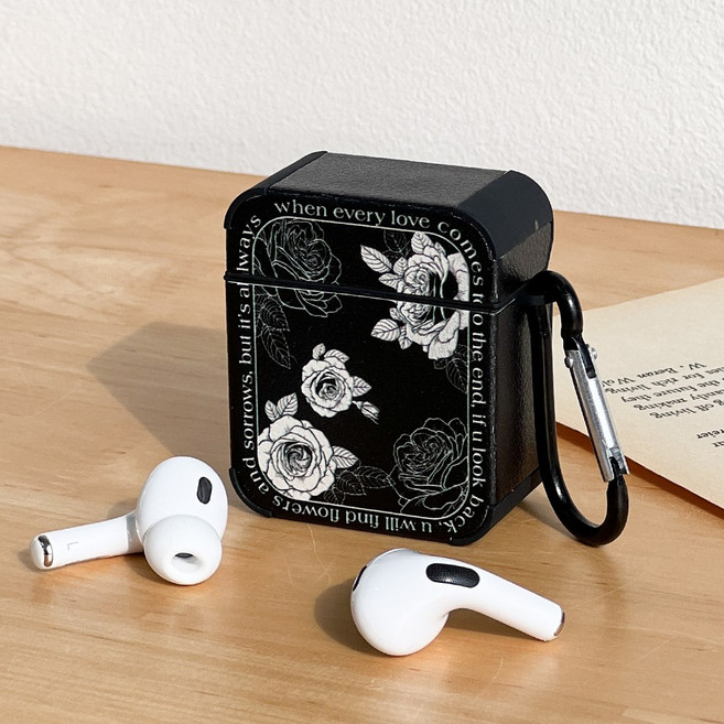 루루홈 엔틱 플라워 카라비너 에어팟 케이스, 블랙, 에어팟1/2세대 공용