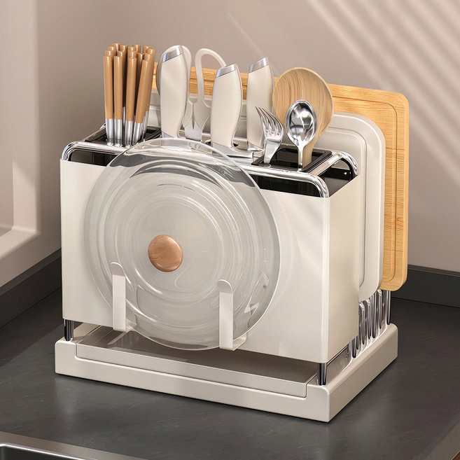 Shipshape 주방 다용도 올인원 도마 물빠짐 칼꽂이 거치대, 1개, 크림색