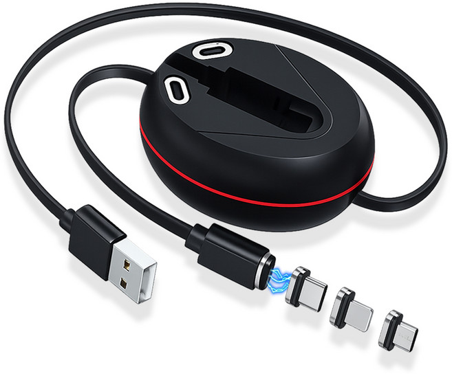 스토리지 USB-A to 5핀 8핀 C타입 자석 릴케이블, 1개, 블랙, 1m