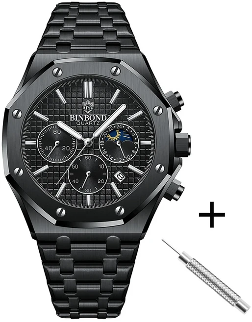 탑브랜드 남성용 시계 고급 야광 BINBOND B0161 손목시계 스테인리스 스틸 방수 날짜 달력