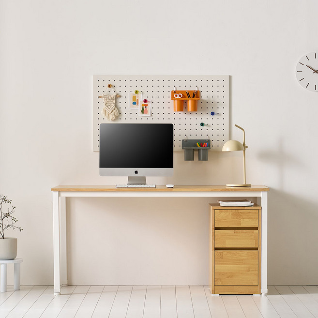 데스크 사무용 철제 일자 책상 1500, 화이트/내추럴