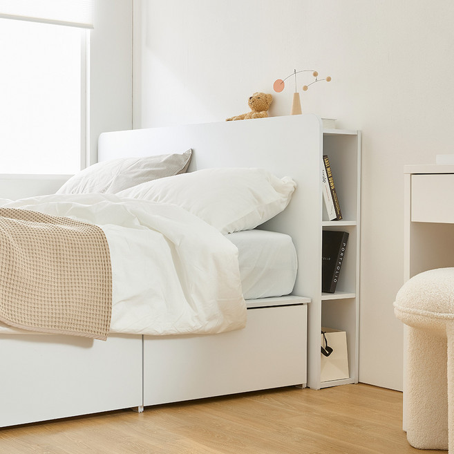 트루베퍼니처 누보 시크릿 LED조명 수납헤드 높은 벙커 침대 프레임 SS/Q (빅서랍형), 화이트