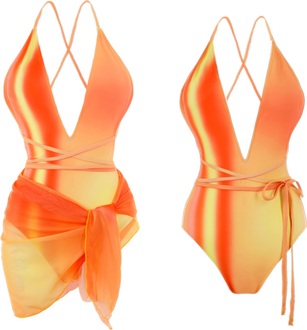 모노소울 에스라인보장 몸매보정 캠벨 모노키니 랩스커트 수영복 비키니, 오렌지 (오로라 패턴은 차이가 있을 수 있습니다), L (66-77)