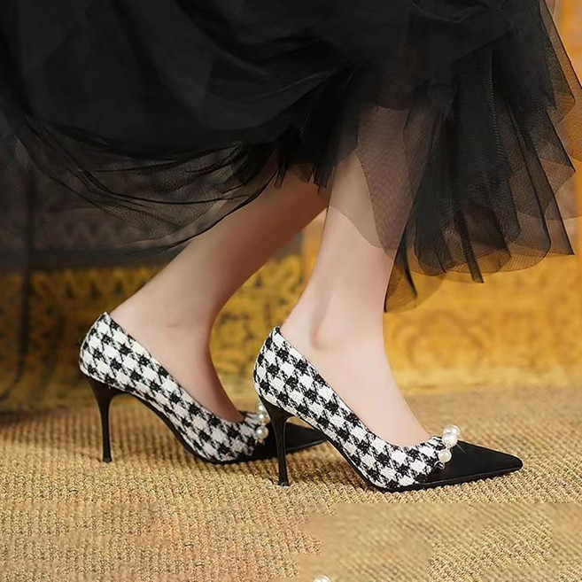 지고다그 여성용 체크 패턴 펌프스 하이힐 진주 장식 단화 클래식 디자인 SX70012