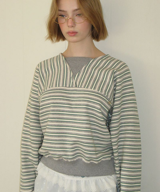 RONRON PENDANT 브이넥 스트라이프 맨투맨 그레이