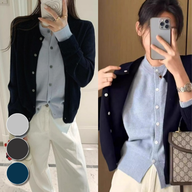 핏몬 여성 라운드넥 일체형 레이어드 배색 밑단 긴팔 가디건