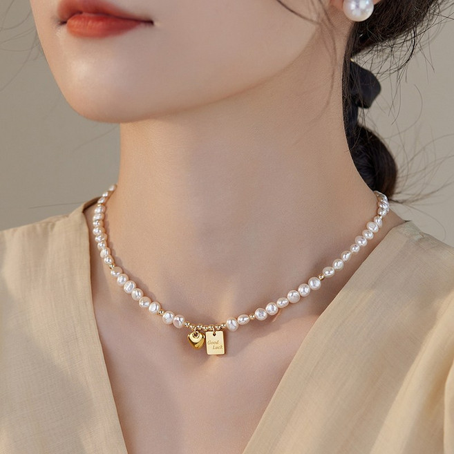 FANSYLI 미니 진주 목걸이 여성 도금 언발란스 비즈 진주목걸이 하트 펜던트 럭키 믹스 목걸이 선물 W2505M11