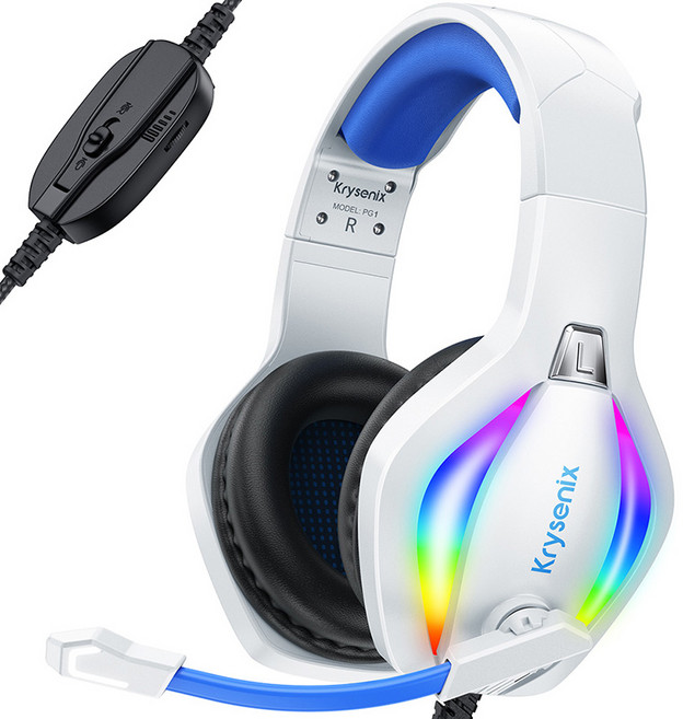 Krysenix 유선 게이밍 헤드셋 PG1 초경량 가상 7.1채널 3D 사운드 RGB 노이즈 캔슬링 마이크, 화이트 블루