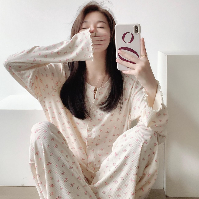Jeernare 사계절 꽃무늬 여성 잠옷 세트 부드러운 긴팔 여성 파자마 상하세트