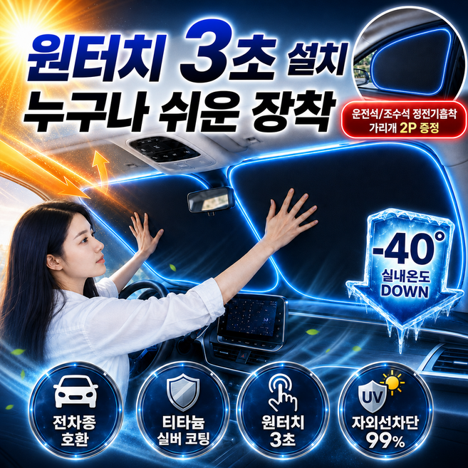루다온 차량햇빛가리개 원터치 앞유리 접이식 티타늄코팅, 1개, 클래식블랙+티타늄실버