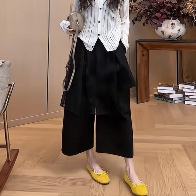 QEWBG 여성 봄여름 레이어드 스타일 8부 슬랙스 루즈핏 캐주얼 팬츠