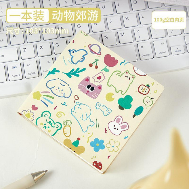 本子 迷你蓋章本 方形口袋本 記事本手賬本 空白筆記本, 1個, 膚感皮彩印款 動物派對,空白款, 動物派對