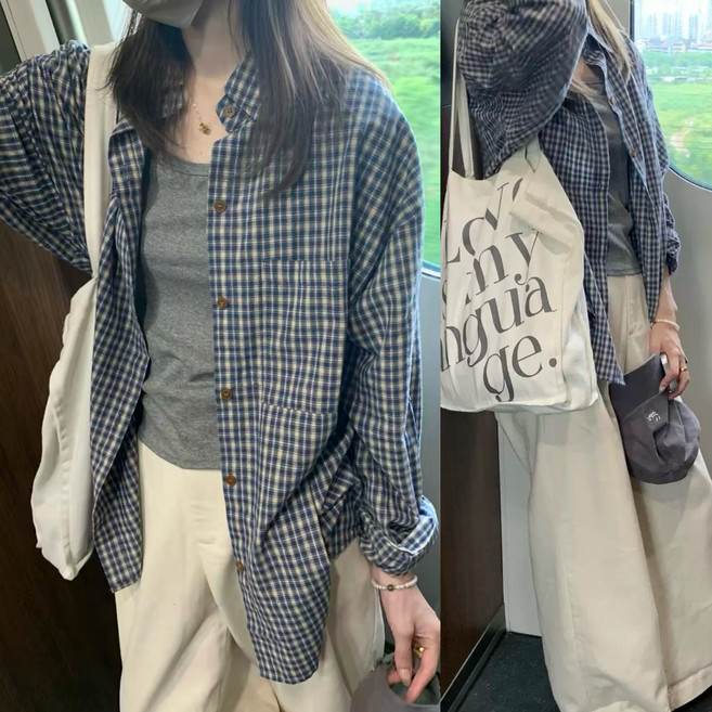 에쥬아 빈티지 체크남방 간절기 얇은 긴팔 긱시크룩