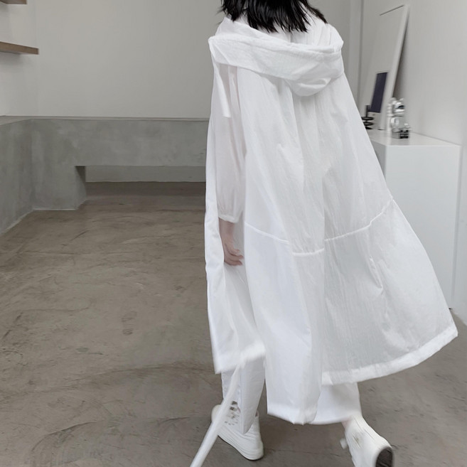 FINE ART 여자 시스루 트렌치코트 자외선차단 바람막이 점퍼 여름 롱후드티 오버핏 가디건 빅사이즈 데일리
