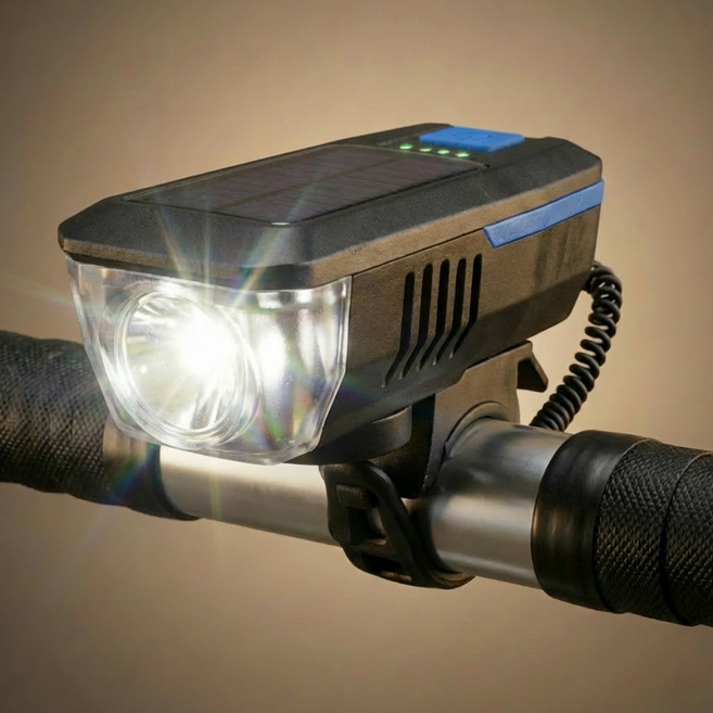 몬스터 자전거라이트 후레쉬 전조등 태양광충전 전자벨 겸용, 1개, 블루