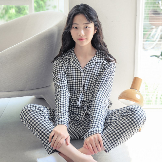 코코드림 주니어용 학생 기본 체크 카라 셔츠 긴팔 잠옷 상하의 세트
