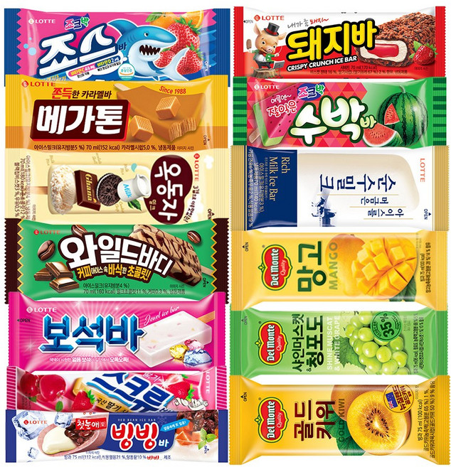롯데 아이스크림 2종 20개씩 40개 ( 죠스바 수박바 스크류바 옥동자 보석바 돼지바 와일드바디 메가톤바 순수밀크 빙빙바 죠크박 델몬트 망고 샤인 청포도 골든 키위 딸기 ), 죠스바 20개, 옥동자 20개, 75ml