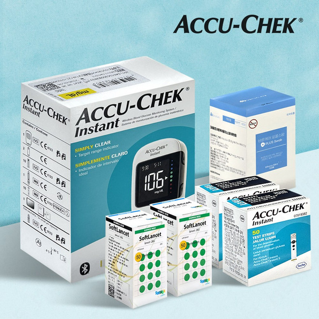 ROCHE 아큐첵 인스턴트 혈당측정기+시험지 50매+호환침 100개+알콜스왑 100매, 2)인스턴트+시험지100+호환침100+솜100, 1개