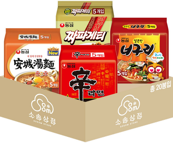 신라면+안성탕면+너구리+짜파게티 20봉, 1개