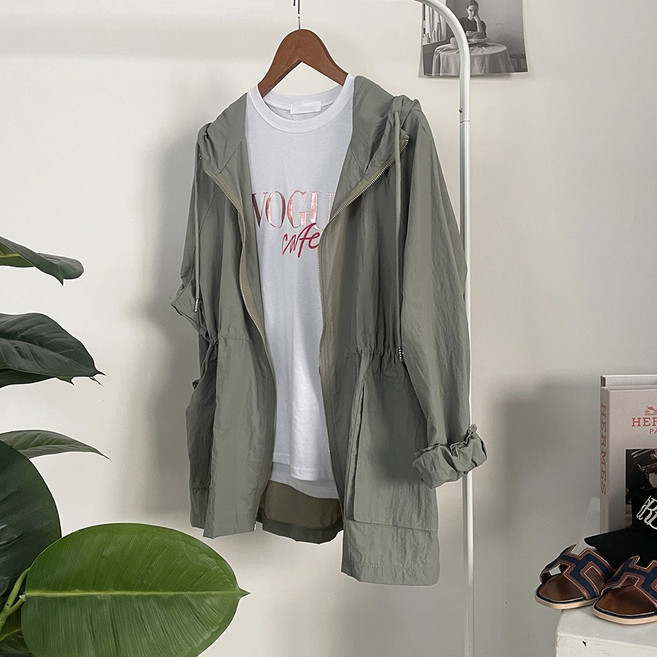 [리리모드] 포켓 후드 날개 스트링 바람막이 자켓 하프 케이프 사파리 초경량 여름 바스락 점퍼