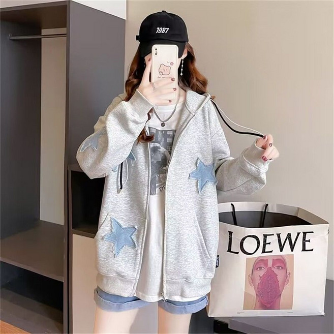 TKX 후드집업 여성 빅사이즈 별 패턴 프린팅 캐주얼 점퍼 봄 가을 겨울 단체티 K87