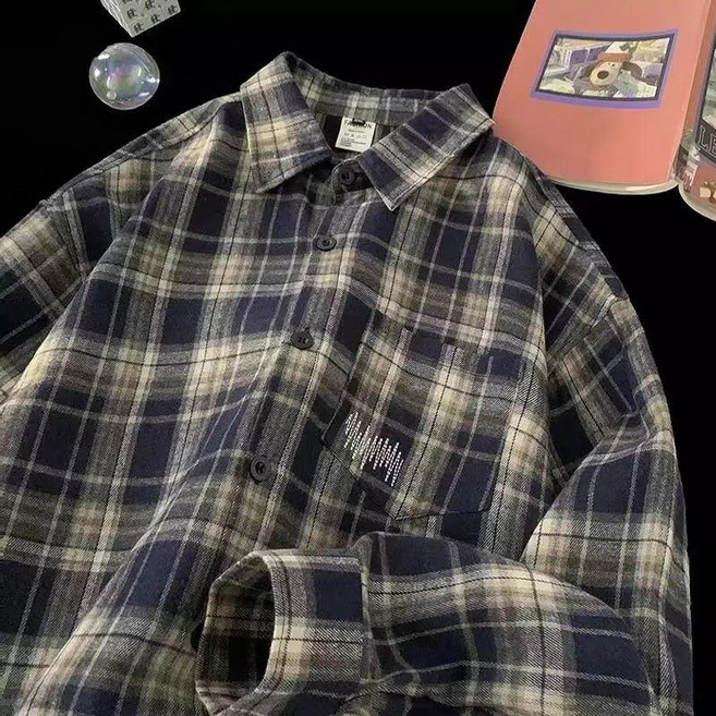 남성 체크 셔츠 긴팔 코트 캐주얼 커플 빅사이즈 데일리 오버핏 봄가을용 카라넥 남방 멀티 사계절 비치웨어 3색