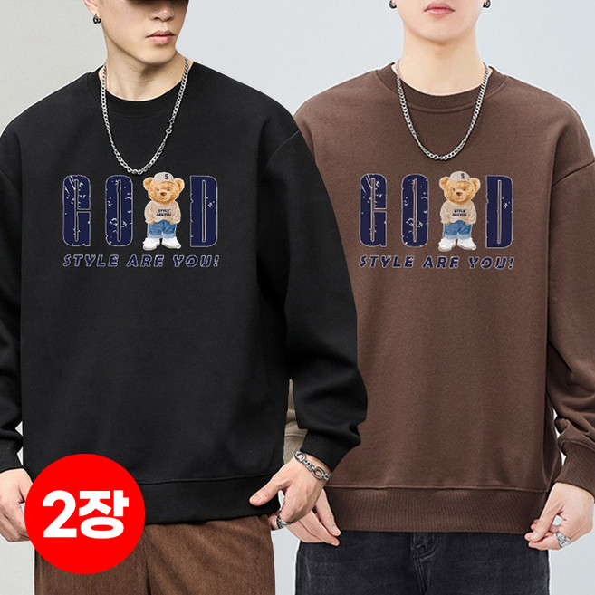 1+1(2장세트)스타일아유 가을겨울 남성 오버핏 맨투맨 유니크 레터링 베어프린팅 320G면질 라운드넥] 데일리 트레이닝룩 TS3802