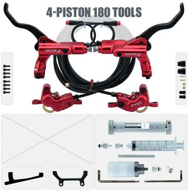 ZOOM HB-876E 4 피스톤 디스크 유압 브레이크 전기 스쿠터 접이식 203 산악 자전거 검정색 빨간색 160, 05 Red 180 tools, 1개