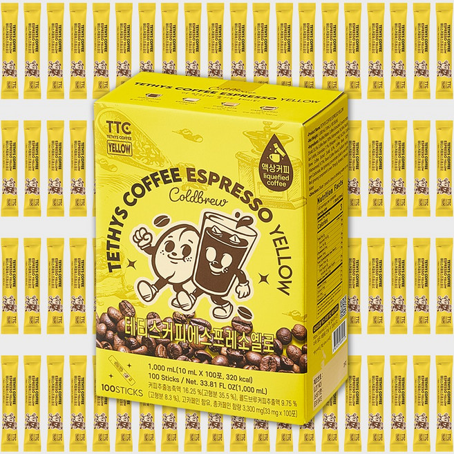 테티스커피 옐로 100포 콜드브루 원액 스틱 더치커피 파우치 저카페인 대용량, 10ml, 100개입, 1개