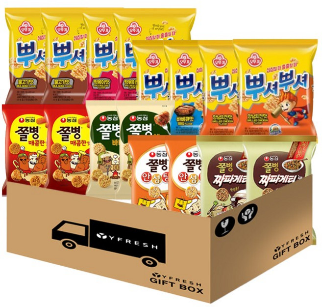 쫄병스낵 뿌셔뿌셔 라면 스낵모음 8종 + YFRESH박스, 16개, 77g