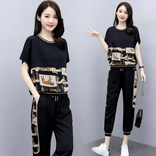 중년 여성 여름 캐주얼 상하 투피스 패션 캐주얼 반팔 라운드 상의 + 9부 팬츠 상하의 세트 루즈핏 기질 엄마 세트 빅사이즈 CY