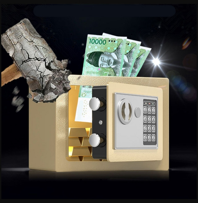 만족도1위 FOOI 튼튼한 디지털 가정용 미니금고 도난방지 지폐저금통 빠른배송, 골드