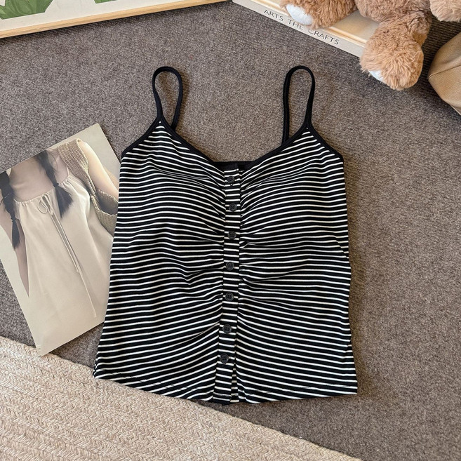 젬버트 여성 캡내장 단추 셔링 면스판 크롭 끈나시