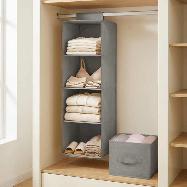 Gueray 접이식 4 칸 옷장 선반 공간절약 행잉오거나이저 티셔츠 모자정리 서랍함포함 패브릭, 1개, 패브릭 그레이