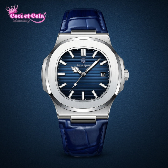 [보관 케이스 증정]남성 명품 스타일 블루 다이얼 가죽 시계 스테인리스 쿼츠 방수 손목시계 데이트창 클래식 시계