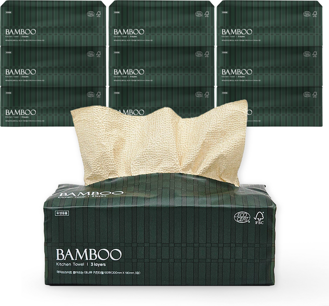 매직브라이트 BAMBOO 도톰한 3겹 뽑아쓰는 대나무 키친타올 뱀부 국산 무표백 무형광 먼지없는 흡수력 주방 키친타월 대용량, 10개, 100매