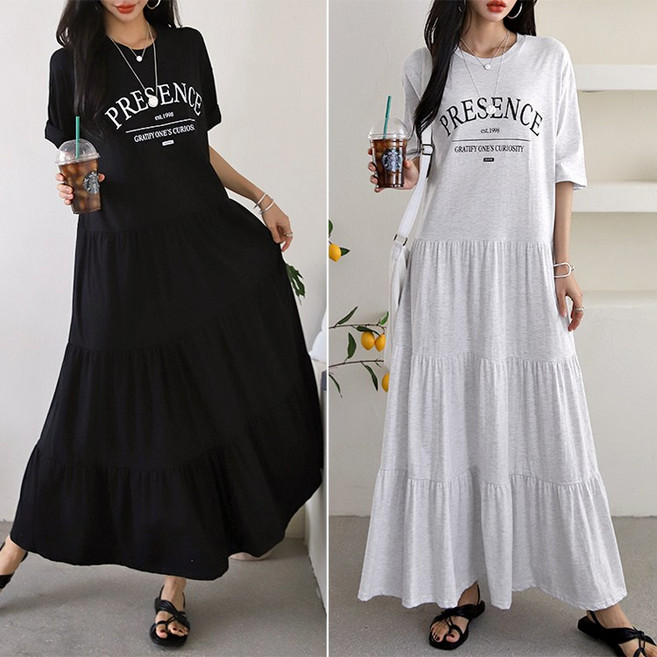 쏭걸 여름 빅사이즈 캉캉 롱원피스 바캉스룩 휴양지 77 88 비치 반팔 원피스 3826