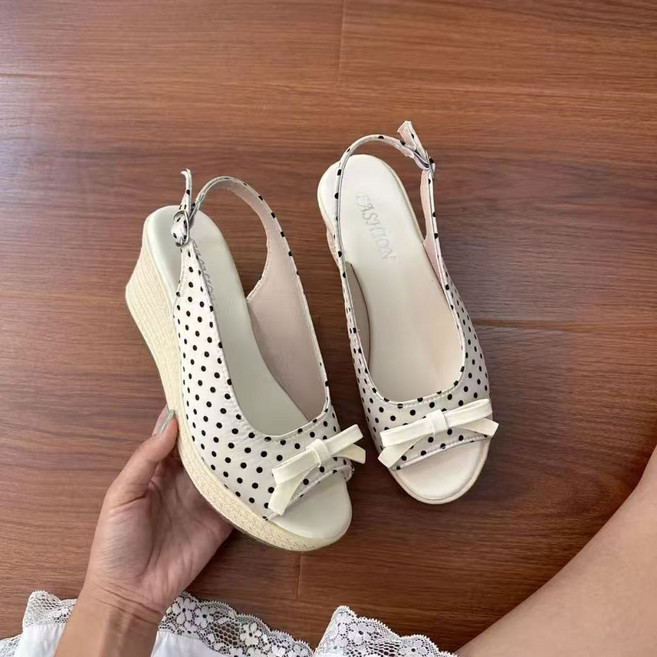 女款坡跟涼鞋 夏季新款編織魚嘴涼鞋, 波點,35 LWUZH-旗艦店【品質保障】, 波點