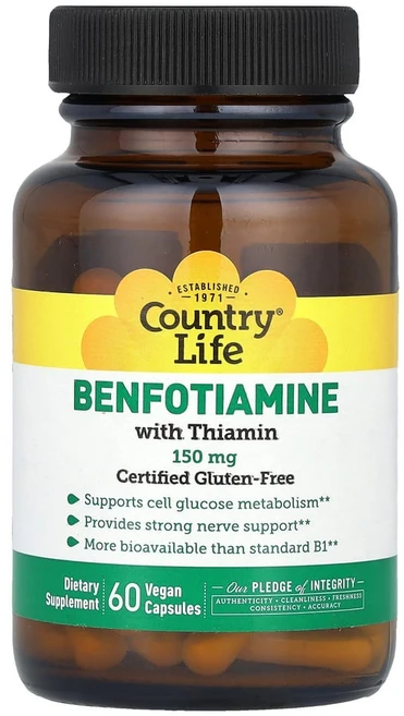 컨트리 라이프 벤포티아민 150mg 60 비건 캡슐 티아민 비타민 B 1 염산염 효능, 1개, 60정 - 쿠팡