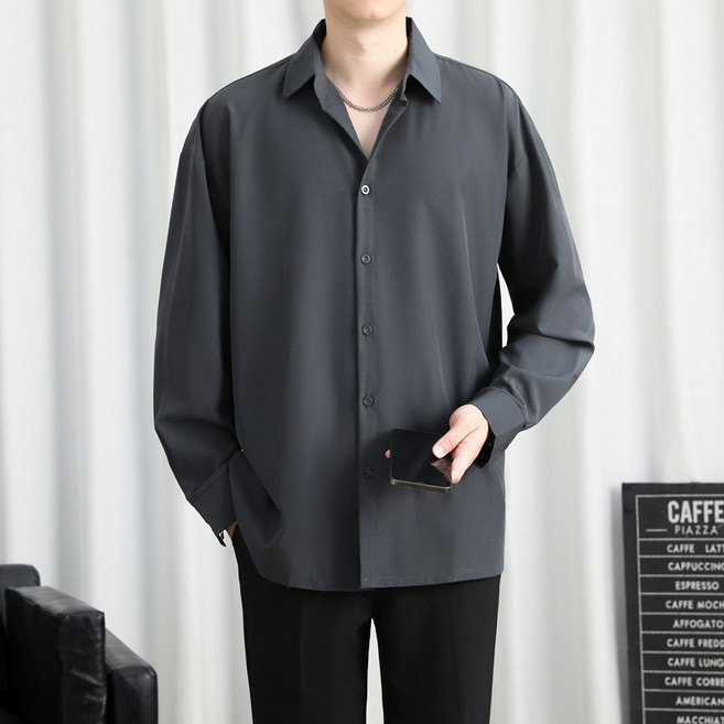 長袖襯衫 男士 春秋 休閒 外套 寬鬆 抗皺 大碼 襯衣