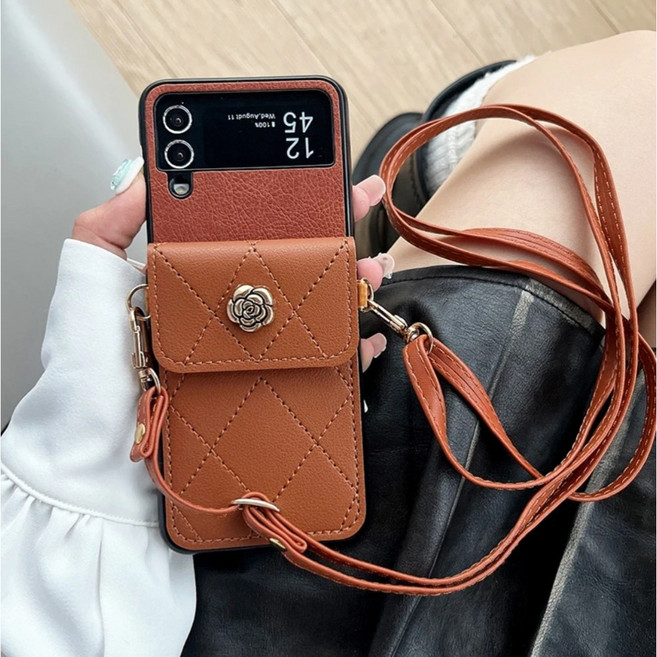 동백 Z플립7 Z플립6 케이스 지갑형 휴대폰 케이스 카드 지폐 지갑 + 바디 스트랩