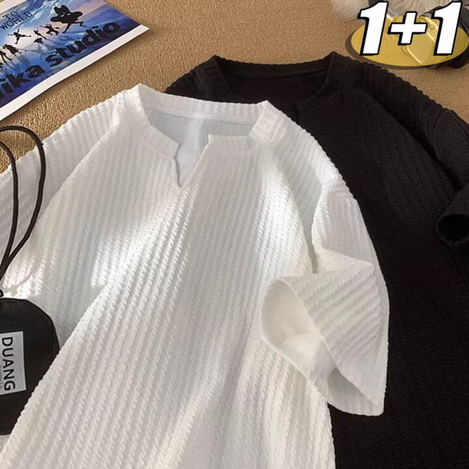 1+1 남성 빅사이즈 여름 브이넥 반팔티 루즈핏 오버핏 반팔 티셔츠