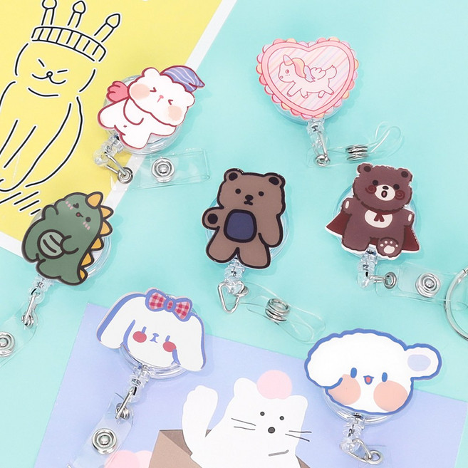 너스키니 동물 유치원 테이프걸이 강력 집게형 간호사 릴홀더 테이프걸이 간호사용품 사원증 출입증 목걸이 간호사 릴홀더, 악수곰