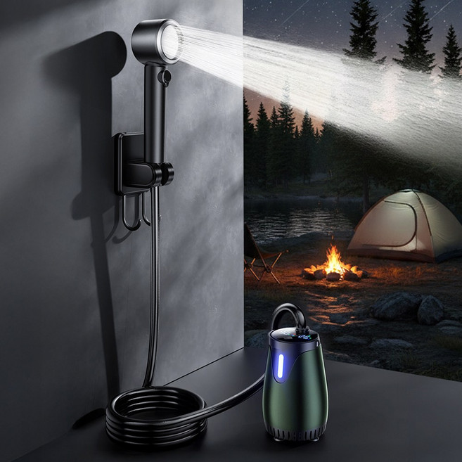 HK sell 터보닉 간이샤워기 수온 표시 이동 워터펌프 인증 배터리 차박 캠핑, 1개, 카키