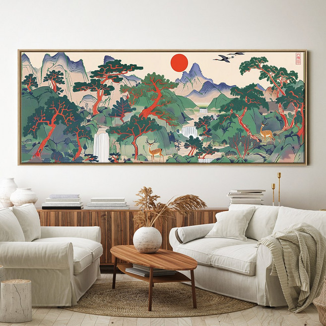 [인메이블] 십장생도 와이드 액자 4종 풍수 거실 인테리어 그림 일출 캔버스액자, 04.JHS-심장생도_학, 소형[106x40cm]