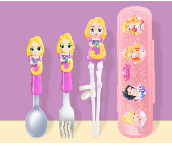 디즈니 정품 캐릭터 유아 어린이 수저세트 휴대용수저통 교정젓가락, 3.라푼젤, 수저/젓가락/포크(3종세트), 1세트