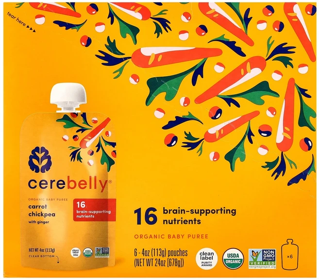 Cerebelly 유기농 베이비 퓨레 당근 병아리콩 생강 함유 파우치 6개 개당 113g(4oz) Cerebelly (세레벨리), Cerebelly, 유기농 베이비 퓨레, 당근 병아리콩 - 쿠팡