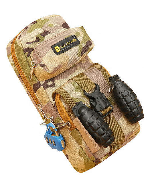 초코링샵 밀리터리 수류탄볼펜 좌물쇠포함 초등 남아 파우치형 필통, 사막베이지