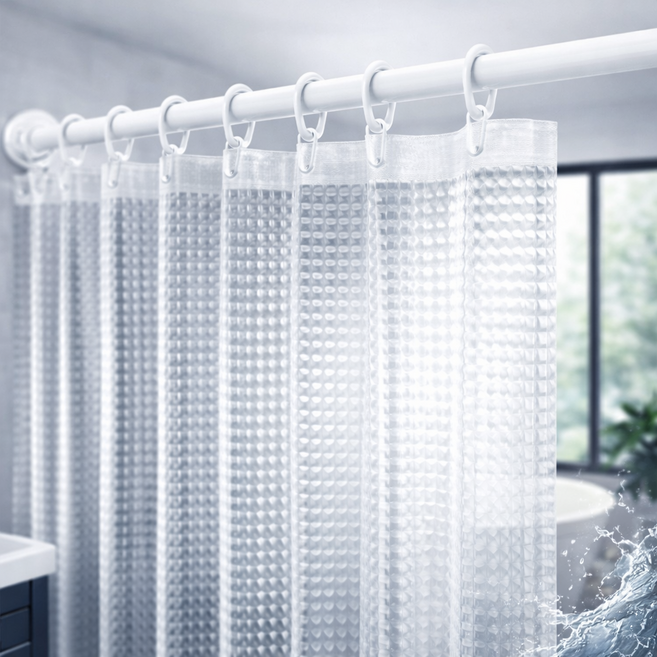 난네난네 EVA 샤워커튼 풀세트 (봉+링 포함) 방수 방습, 1세트, 크리스탈 엠보